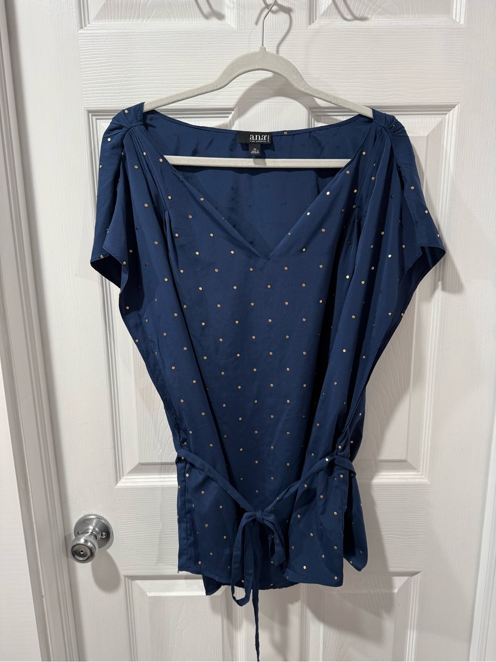 A.N.A Navy V-Neck Tie-Waist Top with Gold Dot Accent, dressy, office